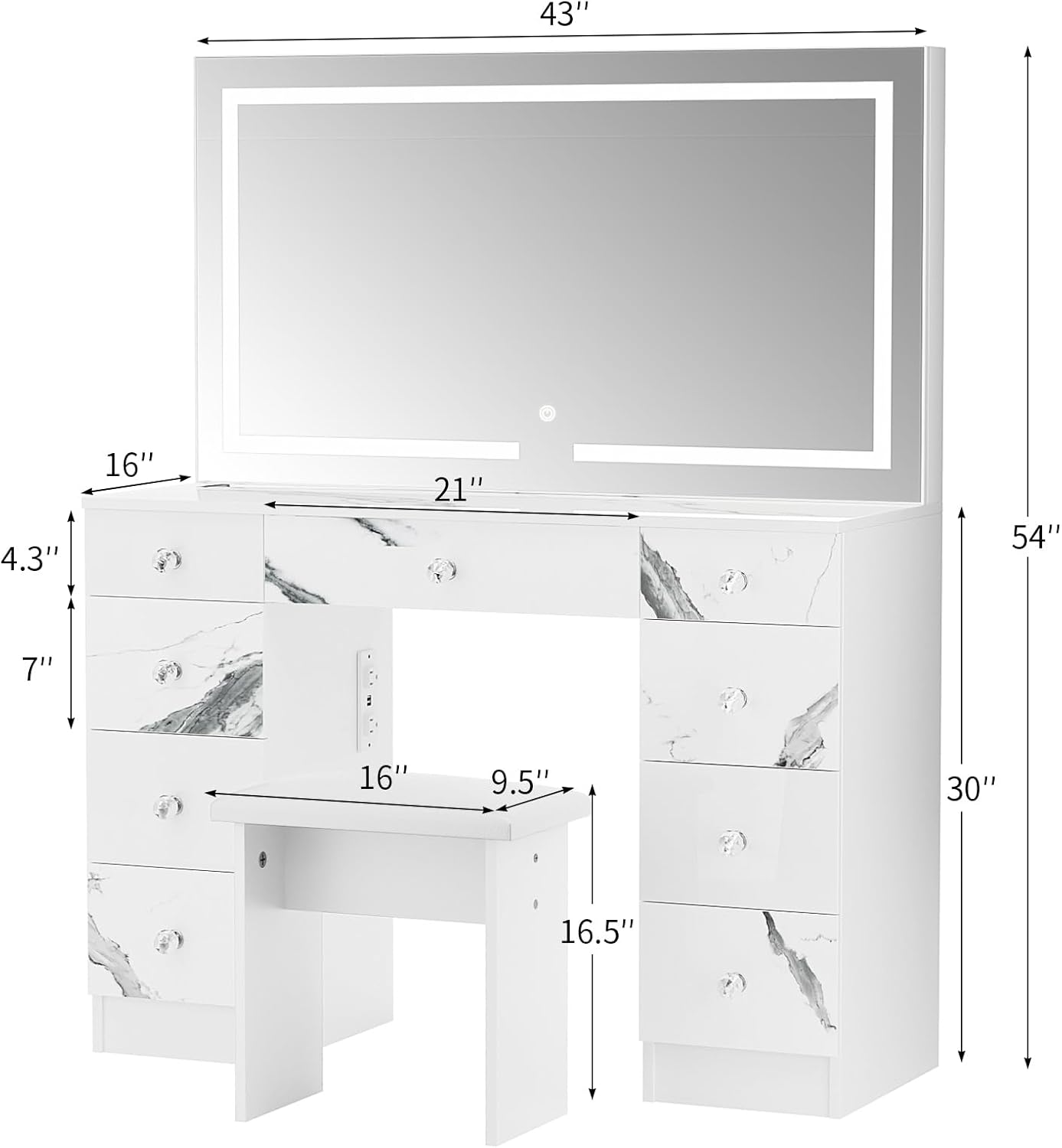 VOWNER Vanity with Lighted Mirror - Makeup Vanity Desk(MARBLE)