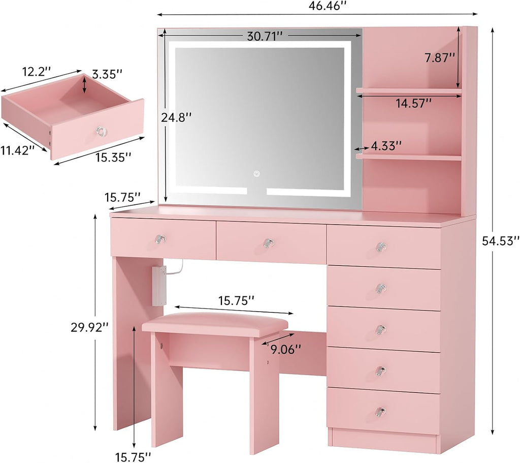 VOWNER Pink Vanity with Lighted Mirror - 47" Makeup Vanity Desk with 7 Drawers