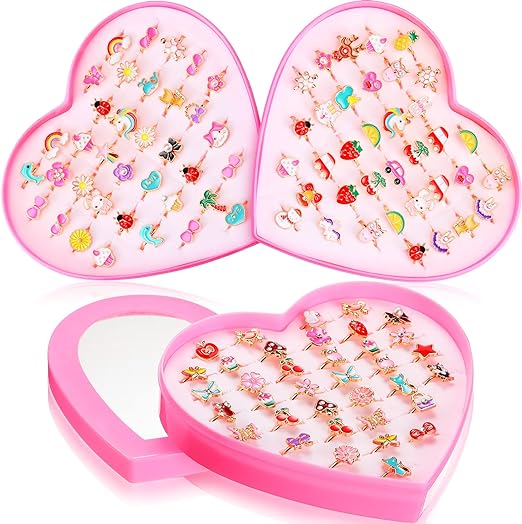 24pcs Little Girl Jewel Rings in Box Adjustable No Duplication Children Girls Kids Pretend Play