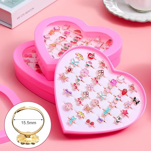 24pcs Little Girl Jewel Rings in Box Adjustable No Duplication Children Girls Kids Pretend Play