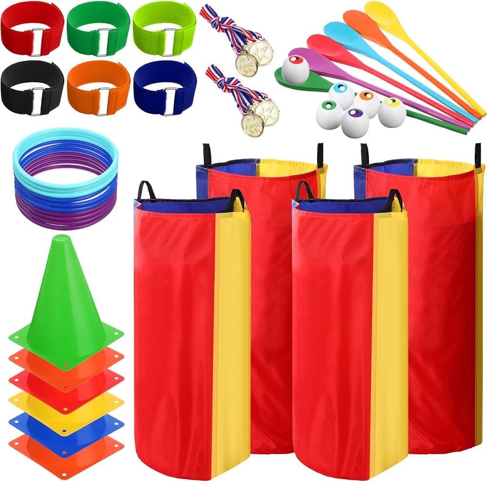 46 Pcs Halloween Outdoor Game Set for Kids Adults Potato Sack Race Bags Toss Eyeball Spoon Relay Legged Bands Gold Medal Carnival Games Family Reunion Backyard Birthday Party Supply