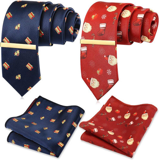 Men Christmas Ties Neckties Pocket Square Xmas Necktie with Clip Handkerchief Gift Box Collection Tuxedo Holiday Necktie Handkerchief Sets for Party