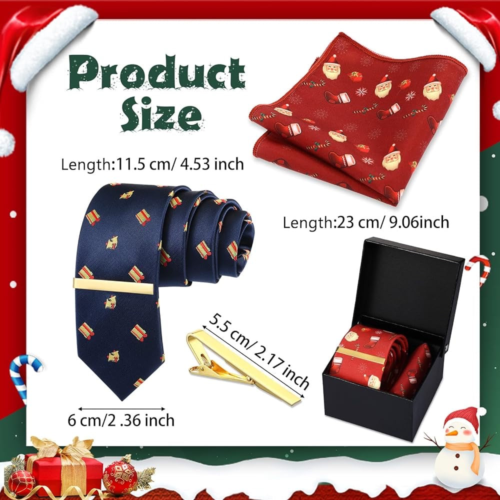 Men Christmas Ties Neckties Pocket Square Xmas Necktie with Clip Handkerchief Gift Box Collection Tuxedo Holiday Necktie Handkerchief Sets for Party