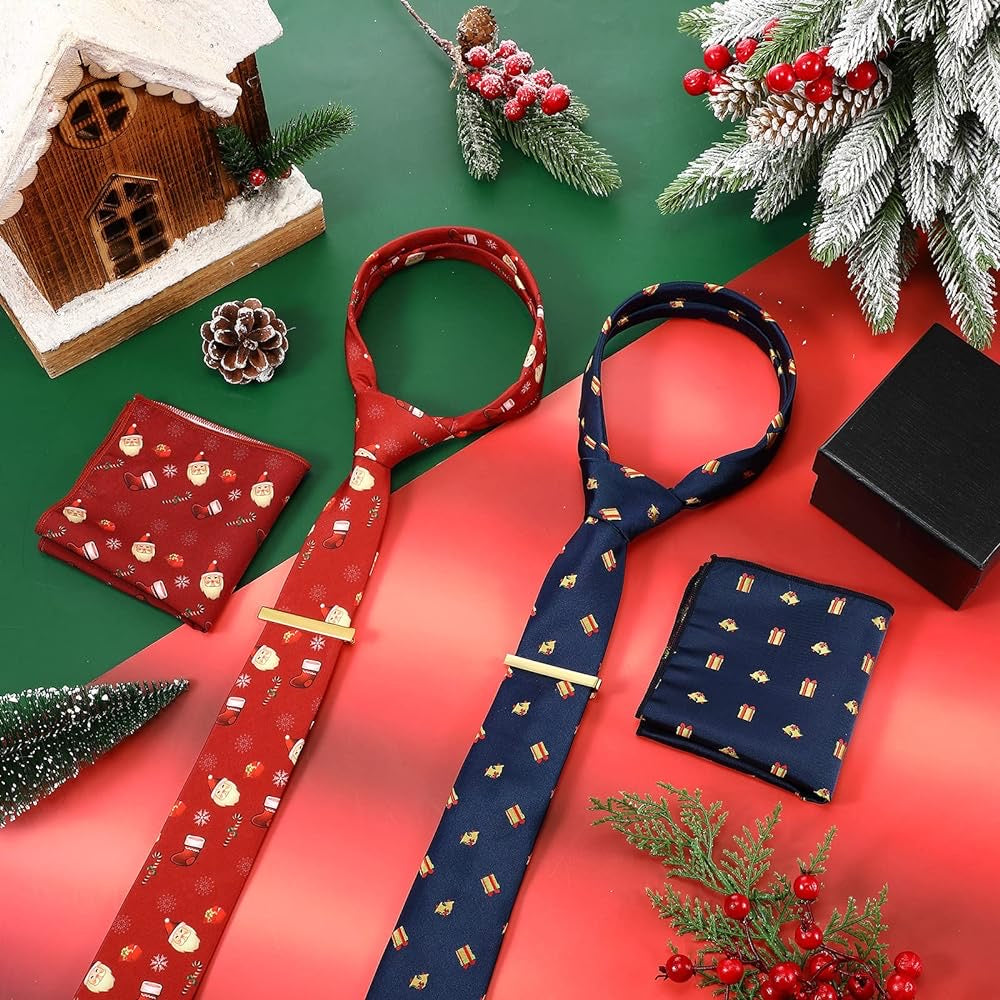 Men Christmas Ties Neckties Pocket Square Xmas Necktie with Clip Handkerchief Gift Box Collection Tuxedo Holiday Necktie Handkerchief Sets for Party