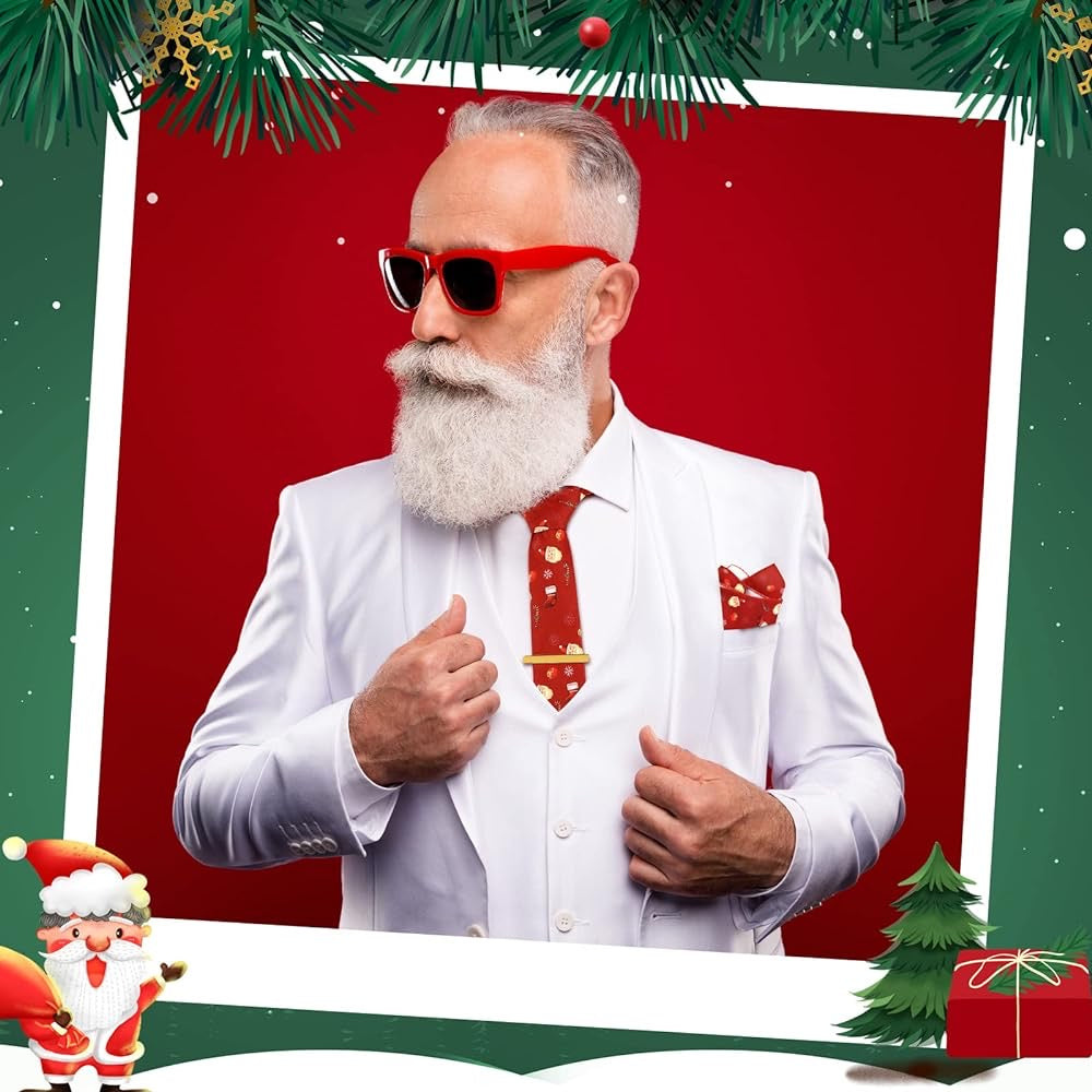 Men Christmas Ties Neckties Pocket Square Xmas Necktie with Clip Handkerchief Gift Box Collection Tuxedo Holiday Necktie Handkerchief Sets for Party