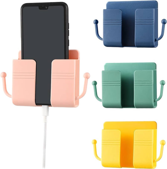 4 Pieces Wall Mount Phone Holder with Hooks Self-Adhesive Wall Cell Phone Remote Control Storage Box