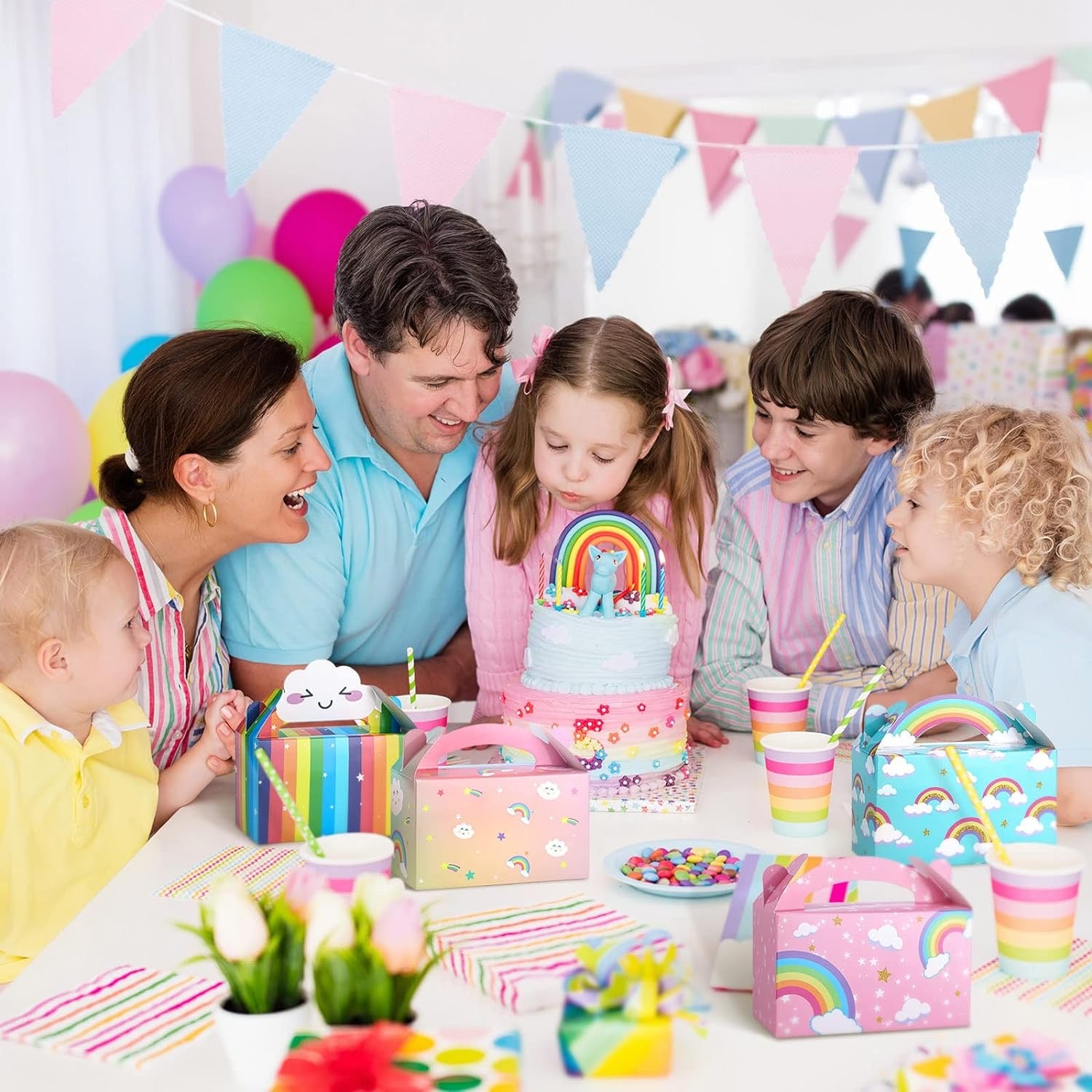 16 Packs Rainbow Party Favor Boxes Rainbow Goodie Boxes Cloud Paper Treat Gift Box Baby Shower Boxes with Handles