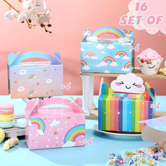 16 Packs Rainbow Party Favor Boxes Rainbow Goodie Boxes Cloud Paper Treat Gift Box Baby Shower Boxes with Handles