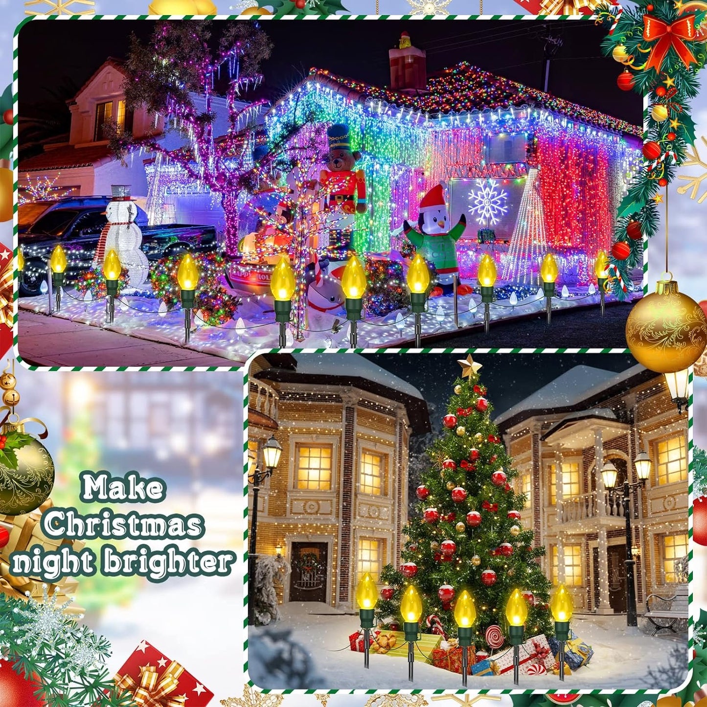 Jumbo C9 Christmas Pathway Lights, 10 ft Outdoor Christmas String Lights with 6 Lights