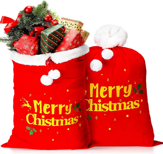 2 Pcs Christmas Red Velvet Santa Claus Bags with Cord Drawstring Extra Large Red Velvet Santa's