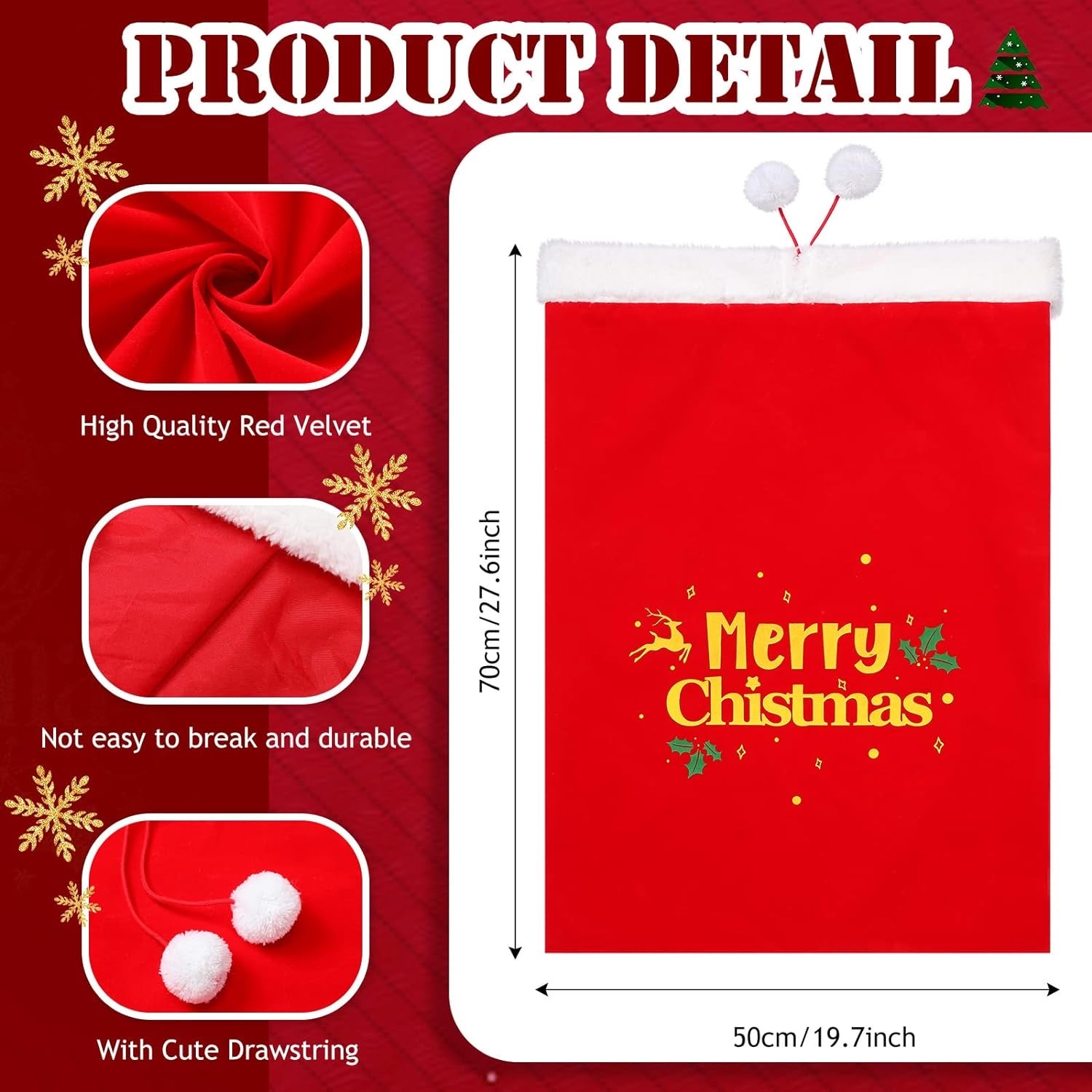 2 Pcs Christmas Red Velvet Santa Claus Bags with Cord Drawstring Extra Large Red Velvet Santa's
