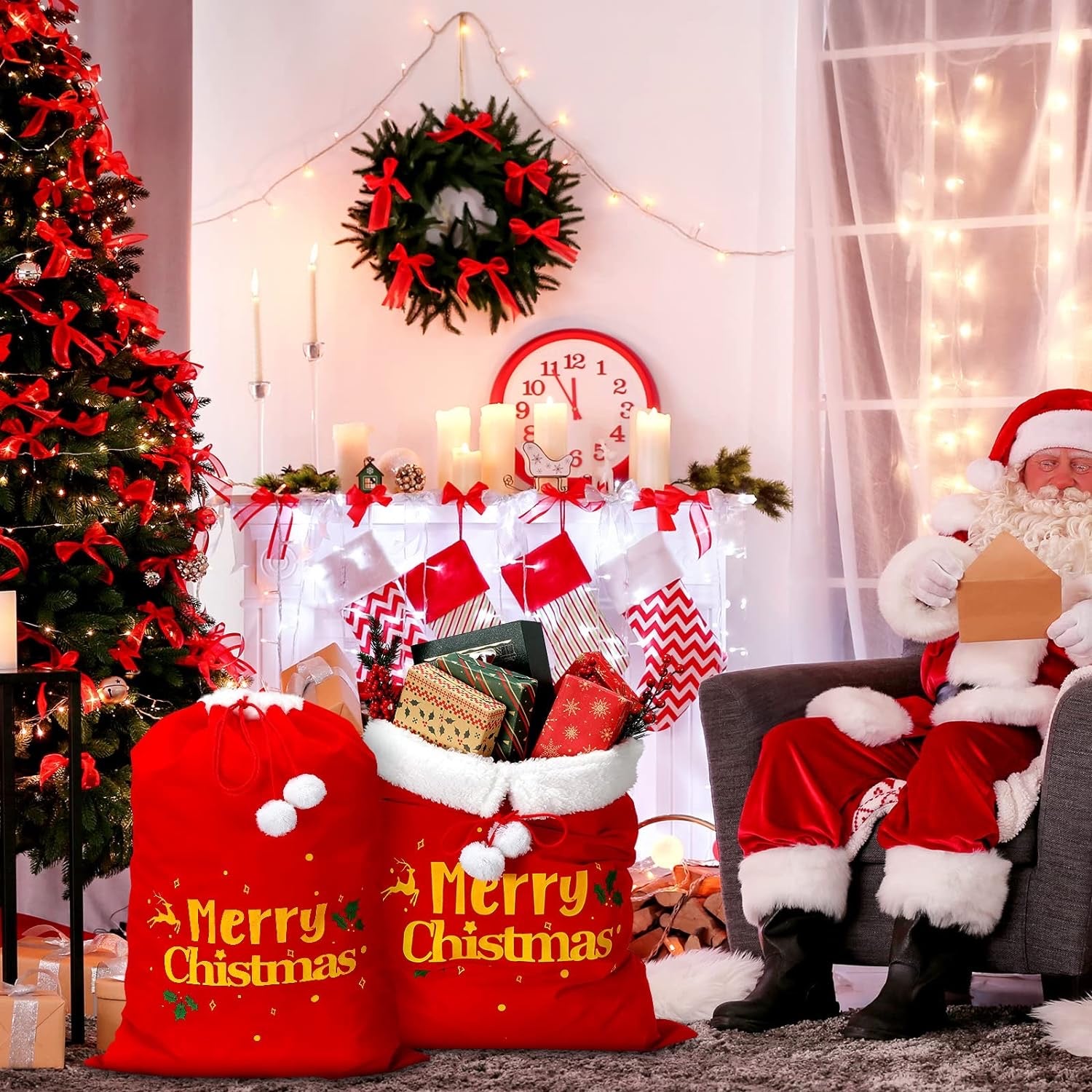 2 Pcs Christmas Red Velvet Santa Claus Bags with Cord Drawstring Extra Large Red Velvet Santa's
