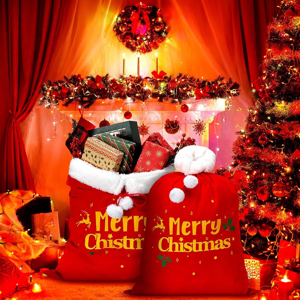 2 Pcs Christmas Red Velvet Santa Claus Bags with Cord Drawstring Extra Large Red Velvet Santa's