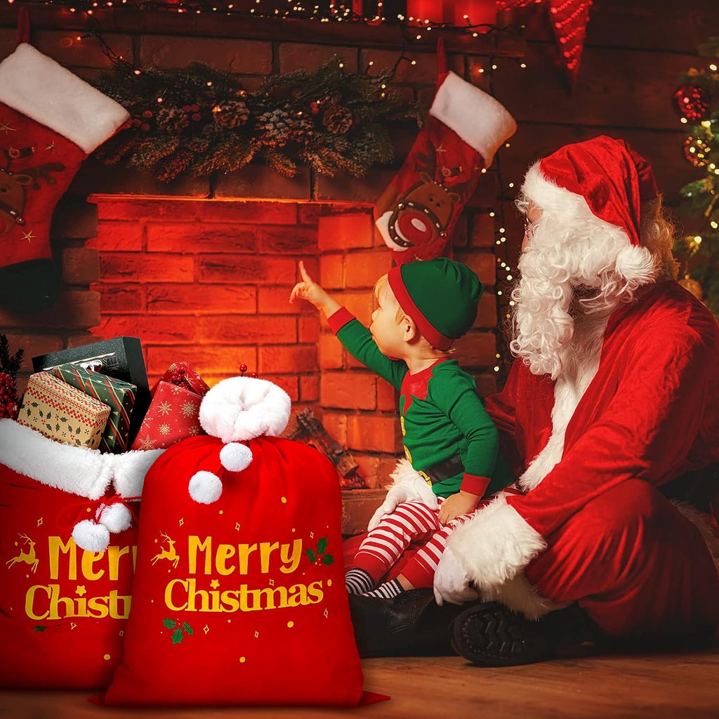 2 Pcs Christmas Red Velvet Santa Claus Bags with Cord Drawstring Extra Large Red Velvet Santa's