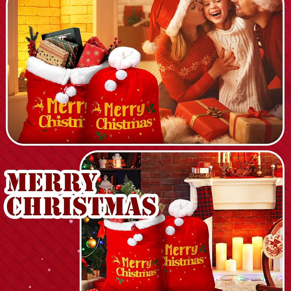 2 Pcs Christmas Red Velvet Santa Claus Bags with Cord Drawstring Extra Large Red Velvet Santa's