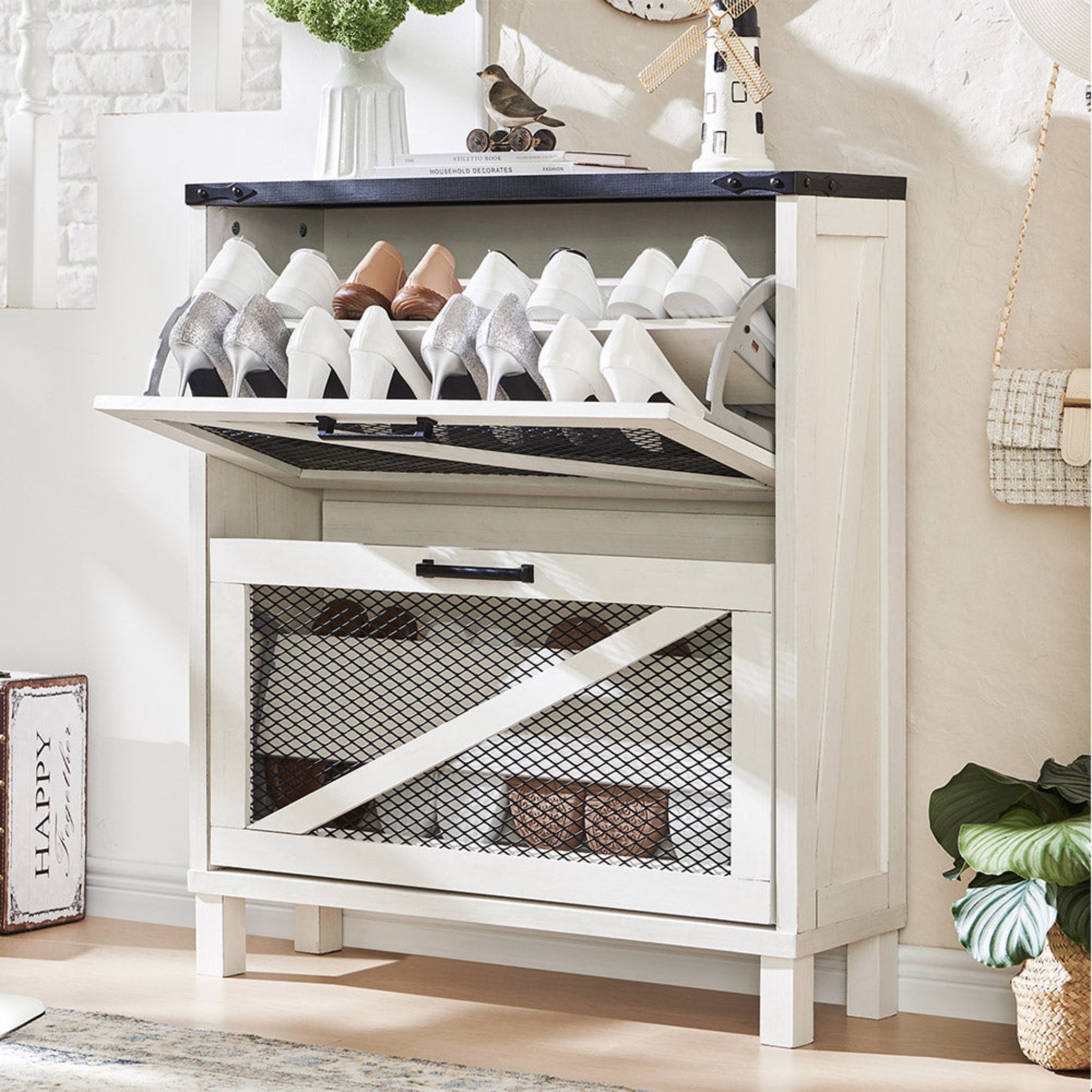 2 Flip Drawers Shoe Cabinet with Mesh Doors