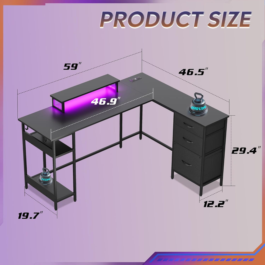 60 Inches L Shaped Desk with Drawers