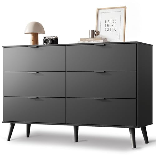 6-Drawer Moden TV Stand, Black Tall TV Console Fits Up to 55" TV Modern TV Stand with Sturdy Metal Handles, Storage Cabinet for Living Room & Office