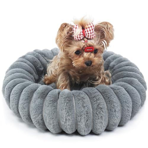 Kitten Beds for Indoor Cats - Soft Cozy Small Cat Bed Washable 16 Inches,Calming Anti-Slip Round Fluffy Plush Faux Fur Pet Bed for Puppy and Kitten up to 5 lbs,Warm Grey