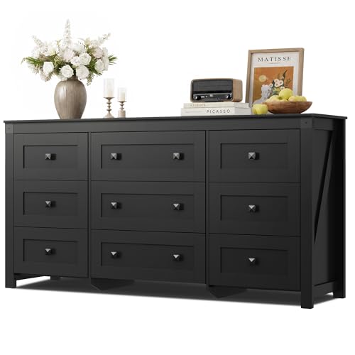 9-Drawer 62.2"W Farmhouse TV Stand for TVs up to 70 Inches, Black