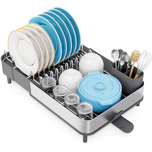 Expandable Dish Drying Rack, Stainless Steel Dish Drainer, Gray – Extends 16.1"–20.6", Removable Cutlery Holder & Quick Drainage