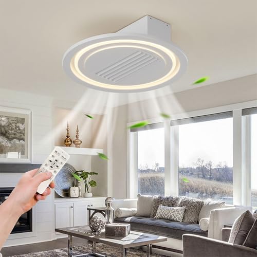 22" Ceiling Fans with Lights, Low Profile Flush Mount Smart Bladeless Modern Ceiling Fan with Remote Control and 3000K-6500K Dimmable for Bedroom, Kids Room and Living Room