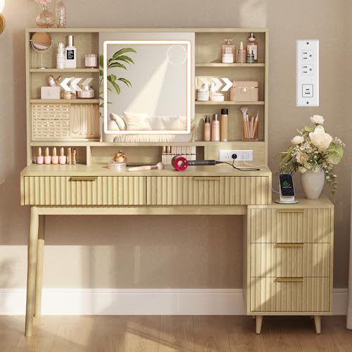 Fluted Vanity Desk with Sliding Mirror & Lights, 5 Drawers, Charging Station, Oak Beige