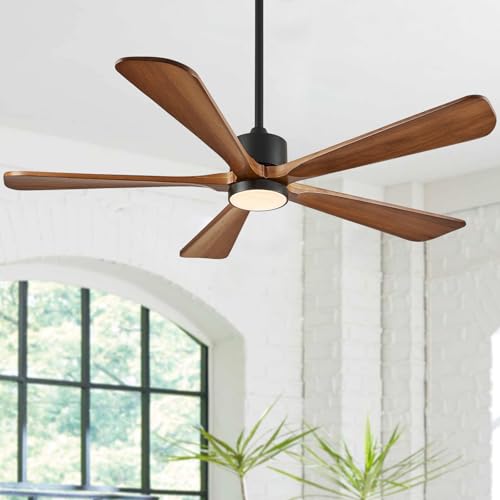 5 Blade Ceiling Fans with Lights, 60 inch Outdoor Ceiling Fans with Remote Control for Patio Bedroom, 5 Solid Wood Blades 6-Speed Reversible DC Motor(Walnut)
