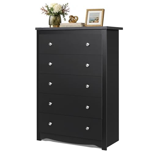 Black Wood 5-Drawer TV Stand, 45" Tall TV Console | Media Storage Cabinet & Organizer Drawers for Living Room, Hallway, Close