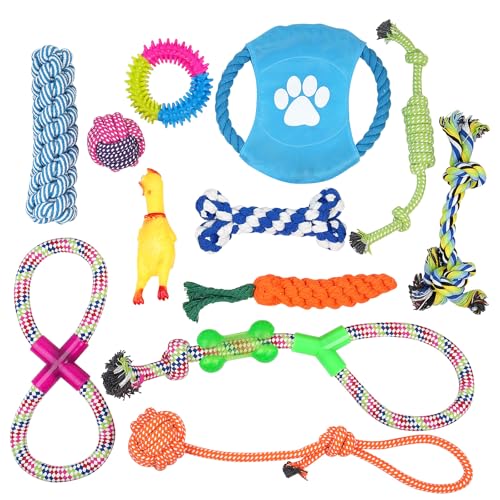 Dog Teething Chew Toys - 12 Pack Small Medium Breed Puppy Toy, Variety Dogs Rope Chew Toys Bundle for Boredom,Pet Interactive Squeaky Toys. Indestructible Cotton Puppy Teething Chew Tug Toys