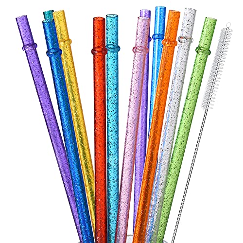 12-Pack Reusable Plastic Glitter Straws, 11" Long Colorful Hard Plastic Tumbler Straws for 16 OZ 20 OZ 30 OZ Stanley, YETI, Mason Jar, Starbucks with Cleaning Brush