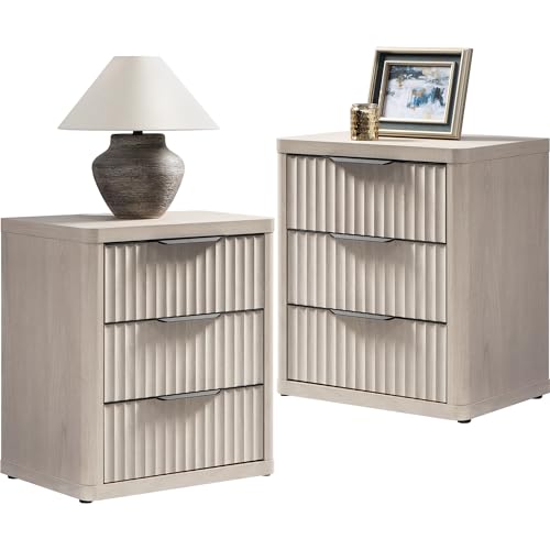 Set of 2 Modern Nightstands with 3 Drawers - Tall 25.6" Fluted Bedside Tables for Bedroom, Living Room, Sofa, Couch & Office - Stylish Mid Century Storage Solutions