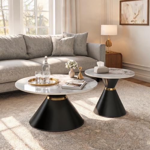 Round Nesting Coffee Table Set with Sintered Stone Top & Gold Accent, Black