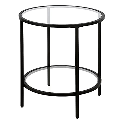 20" Side Table, Nightstand, End Table, Black Compact two-tier glass shelf table with a minimalist metal frame for modern display in living rooms, offices, or bedrooms