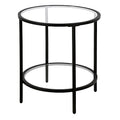 20" Side Table, Nightstand, End Table, Black Compact two-tier glass shelf table with a minimalist metal frame for modern display in living rooms, offices, or bedrooms