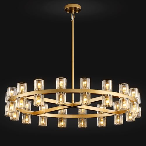 36 Inch Gold Wagon Wheel Chandelier with Crystal Shade, 36 Lights, Large Round Modern Farmhouse Style, Perfect for Living Room, Dining Room, Bedroom, Foyer, Bathroom