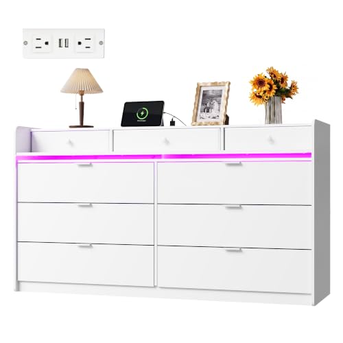 Large White 9-Drawer 58" LED TV Stand with Charging Station Modern Storage TV Console with Charging Station & Open Shelves, Fits 65" TV for Living Room, Office