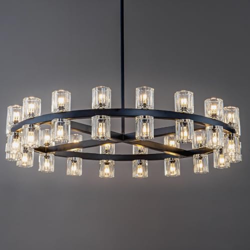 36 Inch Black Wagon Wheel Chandelier with Crystal Shade, 36 Lights, Large Round Modern Farmhouse Style, Perfect for Living Room, Dining Room, Bedroom, Foyer, Bathroom