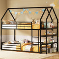 Twin Over Twin Bunk Bed with 3-Tier Storage Bookshelf, Metal House Bed with Ladder & Safety Guardrail, Space Saving, No Box Spring Needed, Black