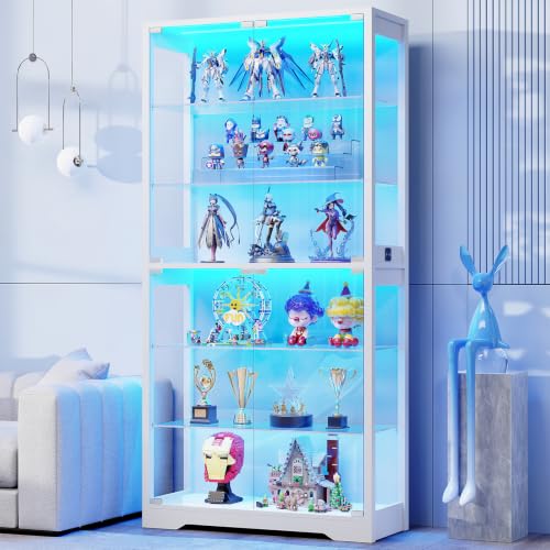 71" Tall Display Cabinet with Glass Doors, 6-Tier Shelves & 3-Color Lights, White