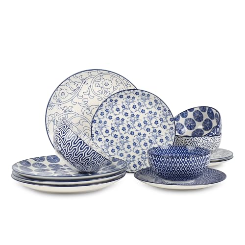 Ceramic Dinnerware Set, 12 pcs Plates and Bowls Set, Vintage Blue