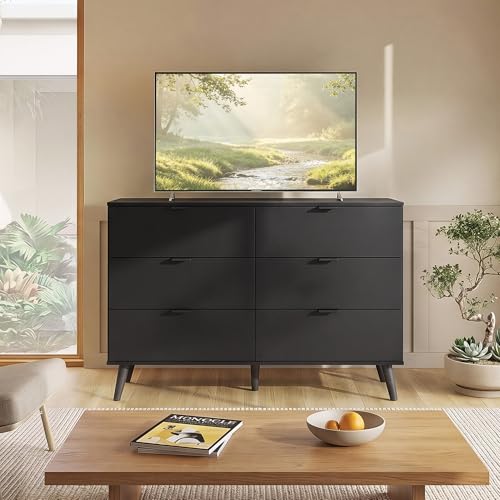 6-Drawer Moden TV Stand, Black Tall TV Console Fits Up to 55" TV Modern TV Stand with Sturdy Metal Handles, Storage Cabinet for Living Room & Office