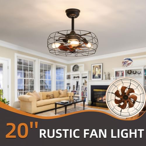 19" Caged Ceiling Fan with Light, Low Profile Flush Mount Bladeless Ceiling Fan, Small Farmhouse Industrial Enclosed Ceiling Fan with Remote Black Round Farmhouse Ceiling Fan Light Fixture