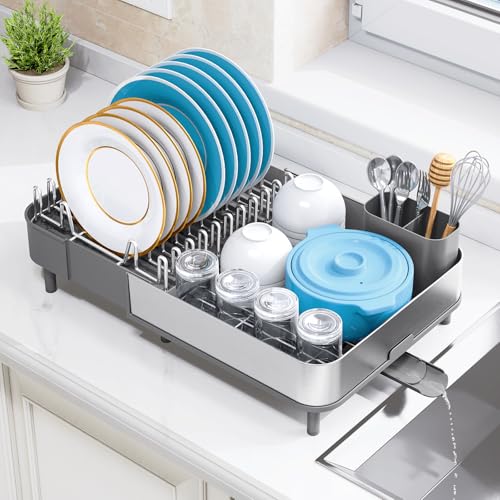Expandable Dish Drying Rack, Stainless Steel Dish Drainer, Gray – Extends 16.1"–20.6", Removable Cutlery Holder & Quick Drainage