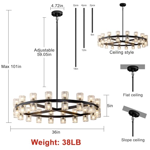 36 Inch Black Wagon Wheel Chandelier with Crystal Shade, 36 Lights, Large Round Modern Farmhouse Style, Perfect for Living Room, Dining Room, Bedroom, Foyer, Bathroom
