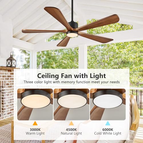 5 Blade Ceiling Fans with Lights, 60 inch Outdoor Ceiling Fans with Remote Control for Patio Bedroom, 5 Solid Wood Blades 6-Speed Reversible DC Motor(Walnut)