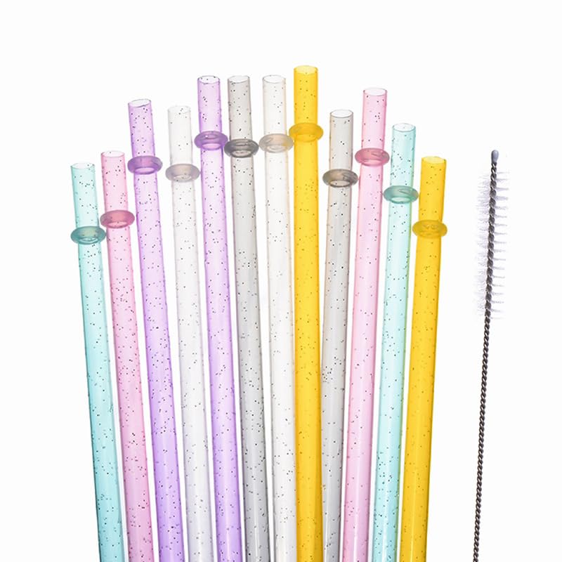12 PCS Translucent Silver Glitter Reusable Straws Mix Colors for Light Smoothie, Iced Coffee & Drinks, 9" Hard Plastic Straws Fit Most 16 to 20oz Tumbler, Cleaning Brush & Canvas Bag Incl.
