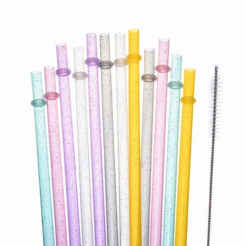 12 PCS Translucent Silver Glitter Reusable Straws Mix Colors for Light Smoothie, Iced Coffee & Drinks, 9" Hard Plastic Straws Fit Most 16 to 20oz Tumbler, Cleaning Brush & Canvas Bag Incl.