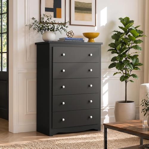 Black Wood 5-Drawer TV Stand, 45" Tall TV Console | Media Storage Cabinet & Organizer Drawers for Living Room, Hallway, Close