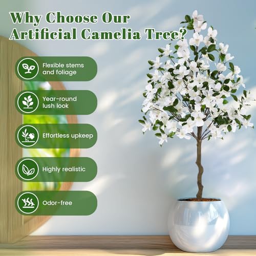 4ft Artificial White Dogwood Tree with Nursery Pot - Faux Dogwood Flowers Blossom for Indoor, Outdoor, Home Decor - Silk Potted Tree for Front Porch, Garden, Wedding Party